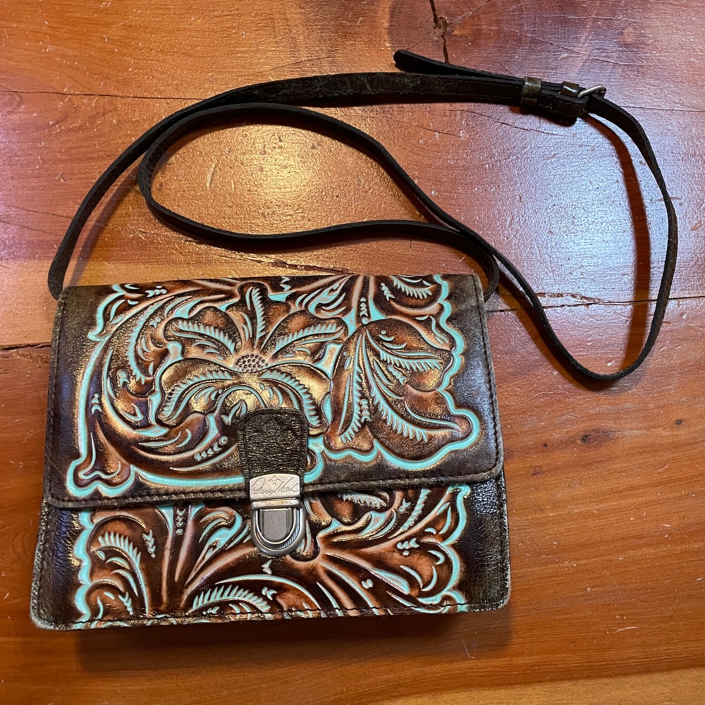 Patricia Nash Brown and Teal Embossed Crossbody Bag